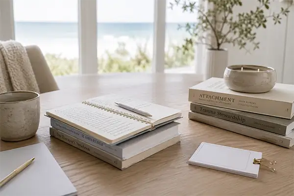 Calm coastal desk with therapy books, notes, and ocean view representing clinical supervision and consultation support.