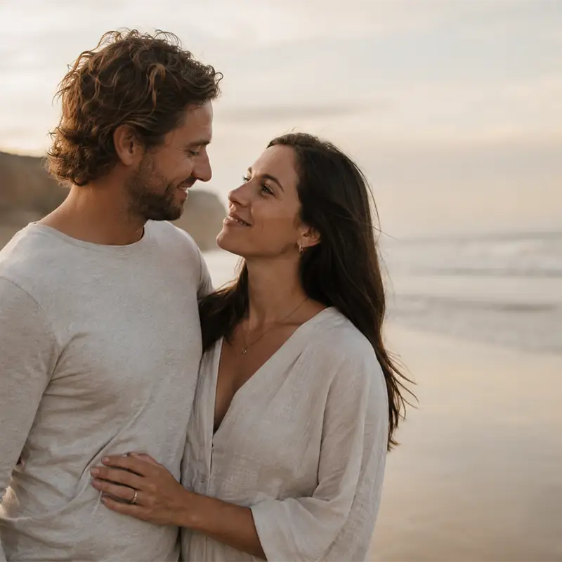Couple standing close together on a peaceful beach, smiling and reconnecting with warmth and love.